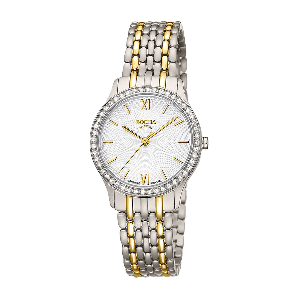 Boccia Titanur, dame, lenke, bicolor, hvit skive, stener, safirglass - Ø 32 mm, 3 ATM