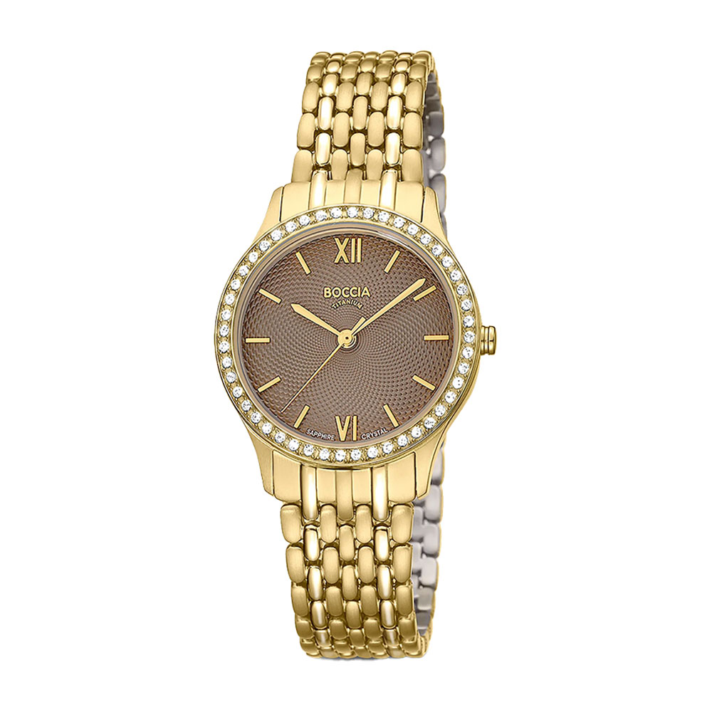 Boccia Titanur, dame, lenke, PVD, brun skive, stener, safirglass - Ø 32 mm, 3 ATM