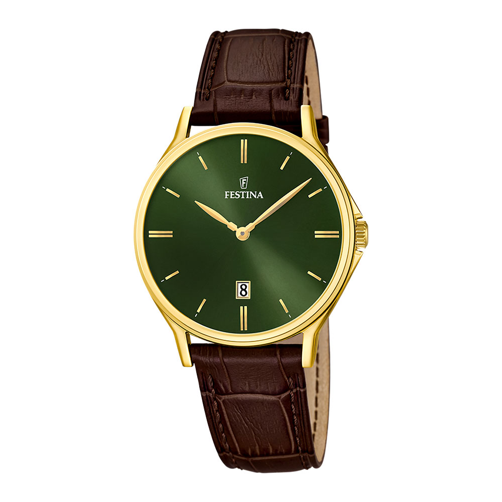 Festina 50m, dato, brun rem, PVD, grønn skive, index