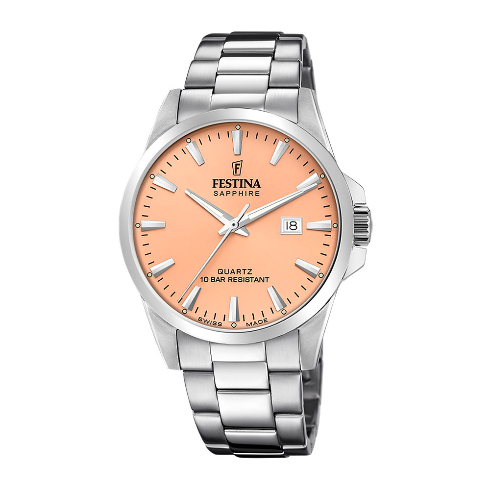 Festina Swiss Made, herre, lenke, sandfarget skive, safirglass - 10 ATM, Ø 41 mm