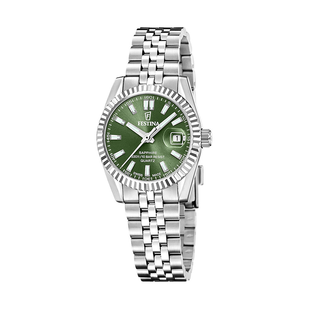 Festina Swiss Made, dame, lenke, stål, grønn skive - 10 ATM, Ø 29 mm