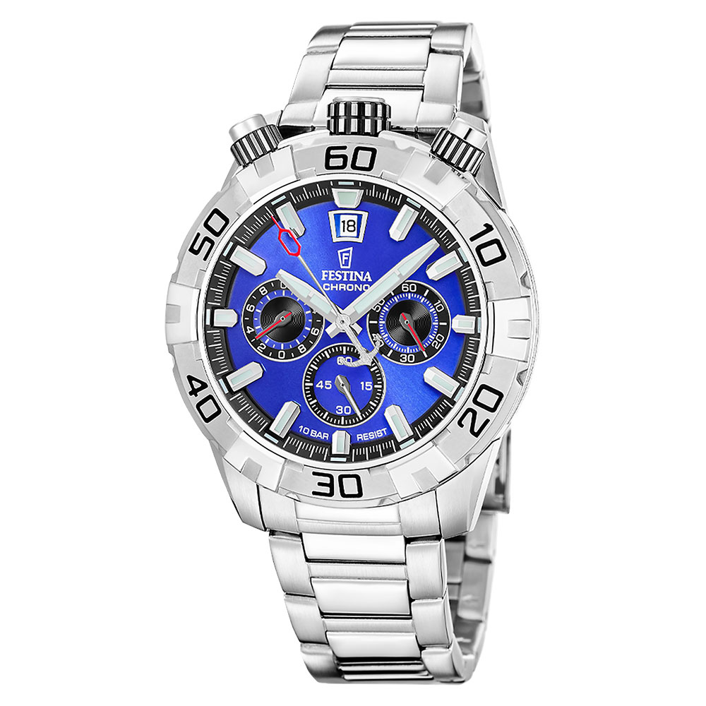 Festina herre, lenke, chrono, blå skive - 10 ATM, Ø 45 mm
