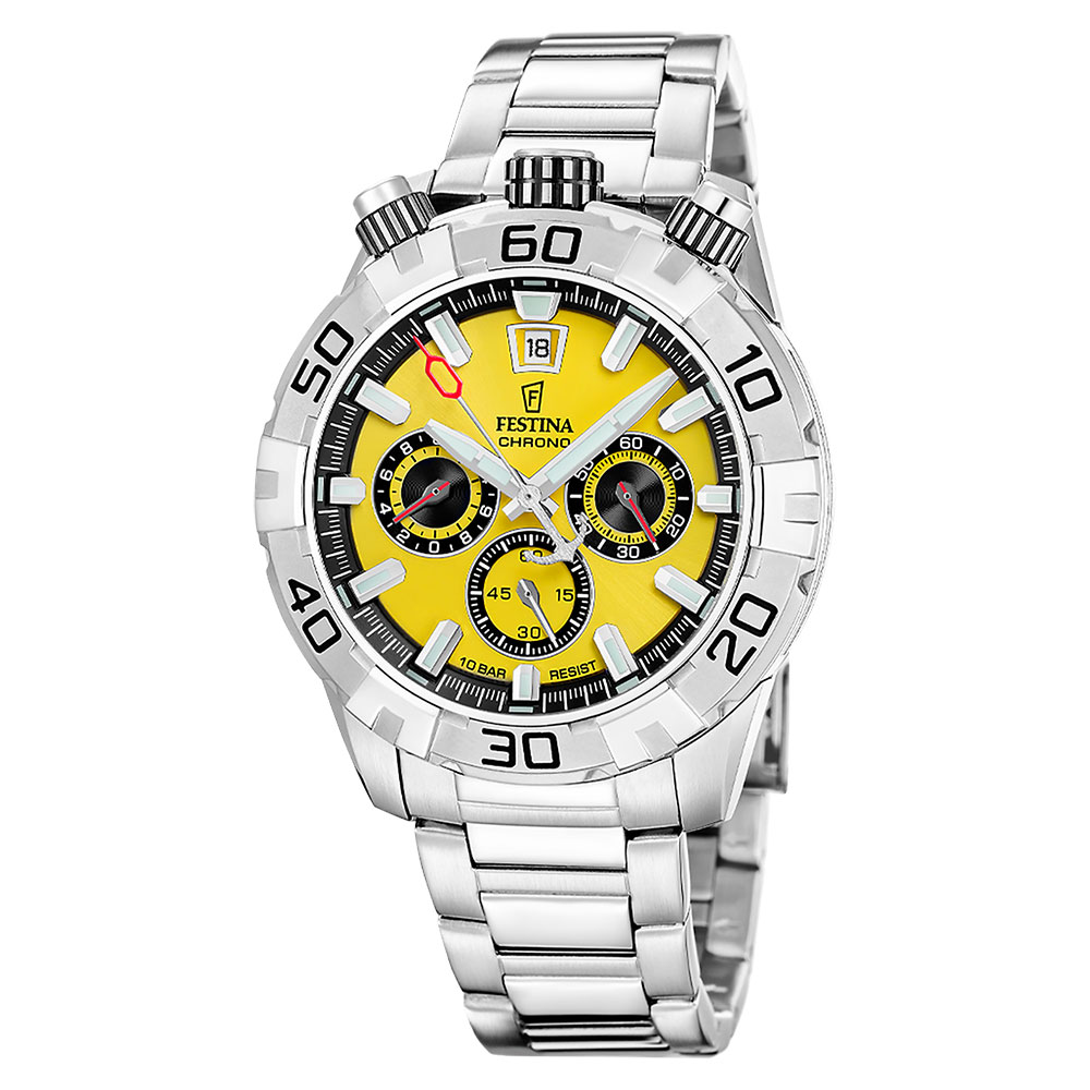 Festina herre, lenke, chrono, gul skive - 10 ATM, Ø 45 mm