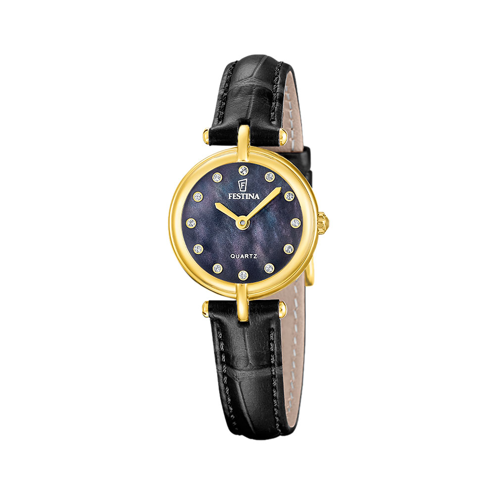 Festina, dame, rem, sort, PVD, sort perlemorskive - 5 ATM, Ø 26 mm