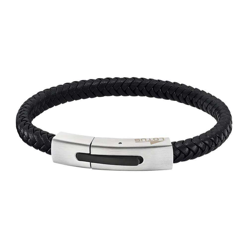 Lotus Style, armbånd i skinn og stål, sort (bredde 7,5 mm, lengde 21 cm)