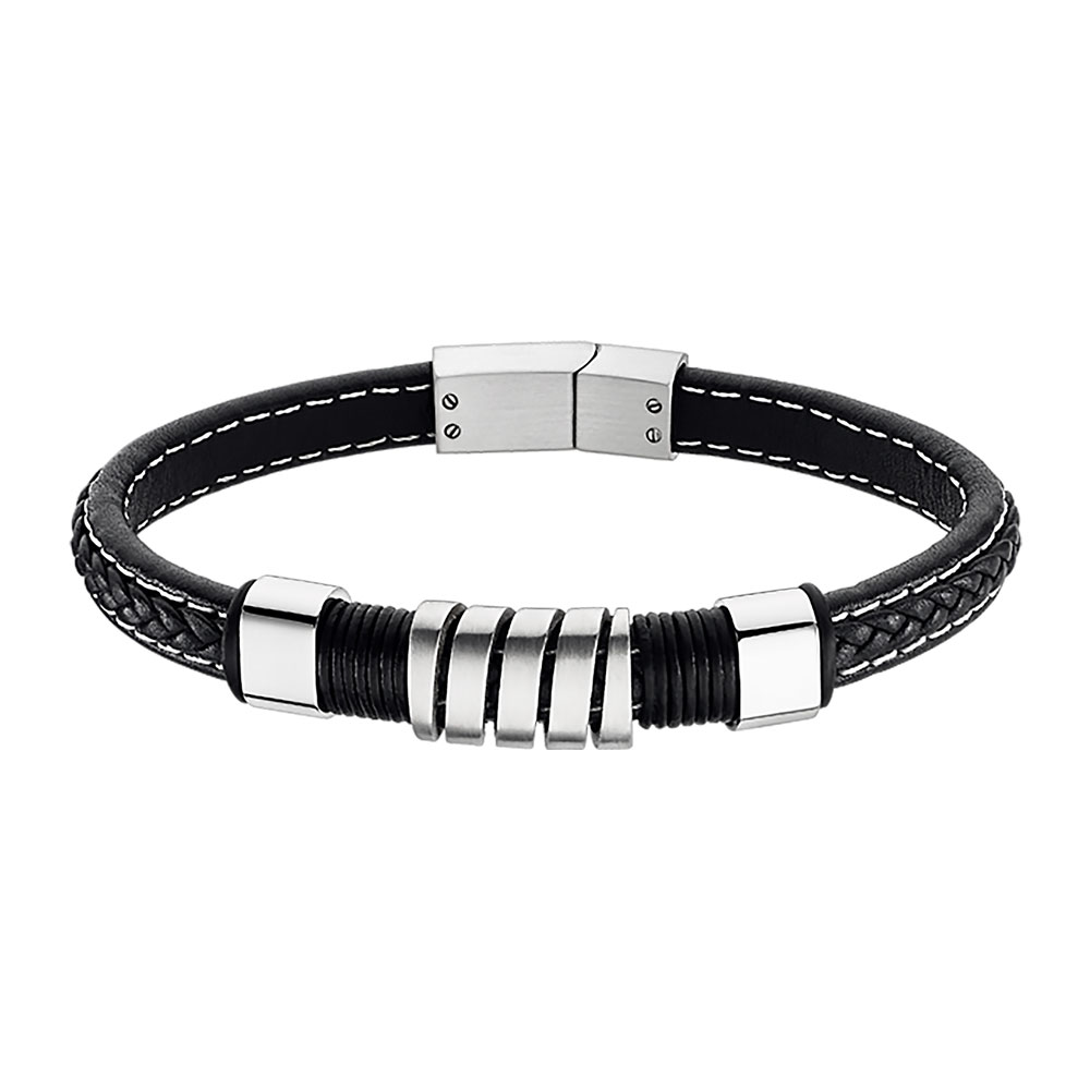 Lotus Style, armbånd i skinn og stål, sort (bredde 12,1 mm, lengde 21,8 cm)